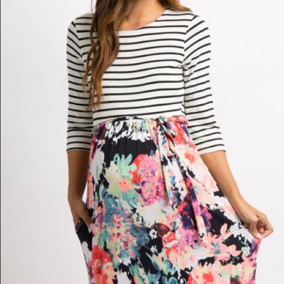 PinkBlush Navy Blue Neon Floral Striped Colorblock Maternity Maxi - Picture 4 of 4